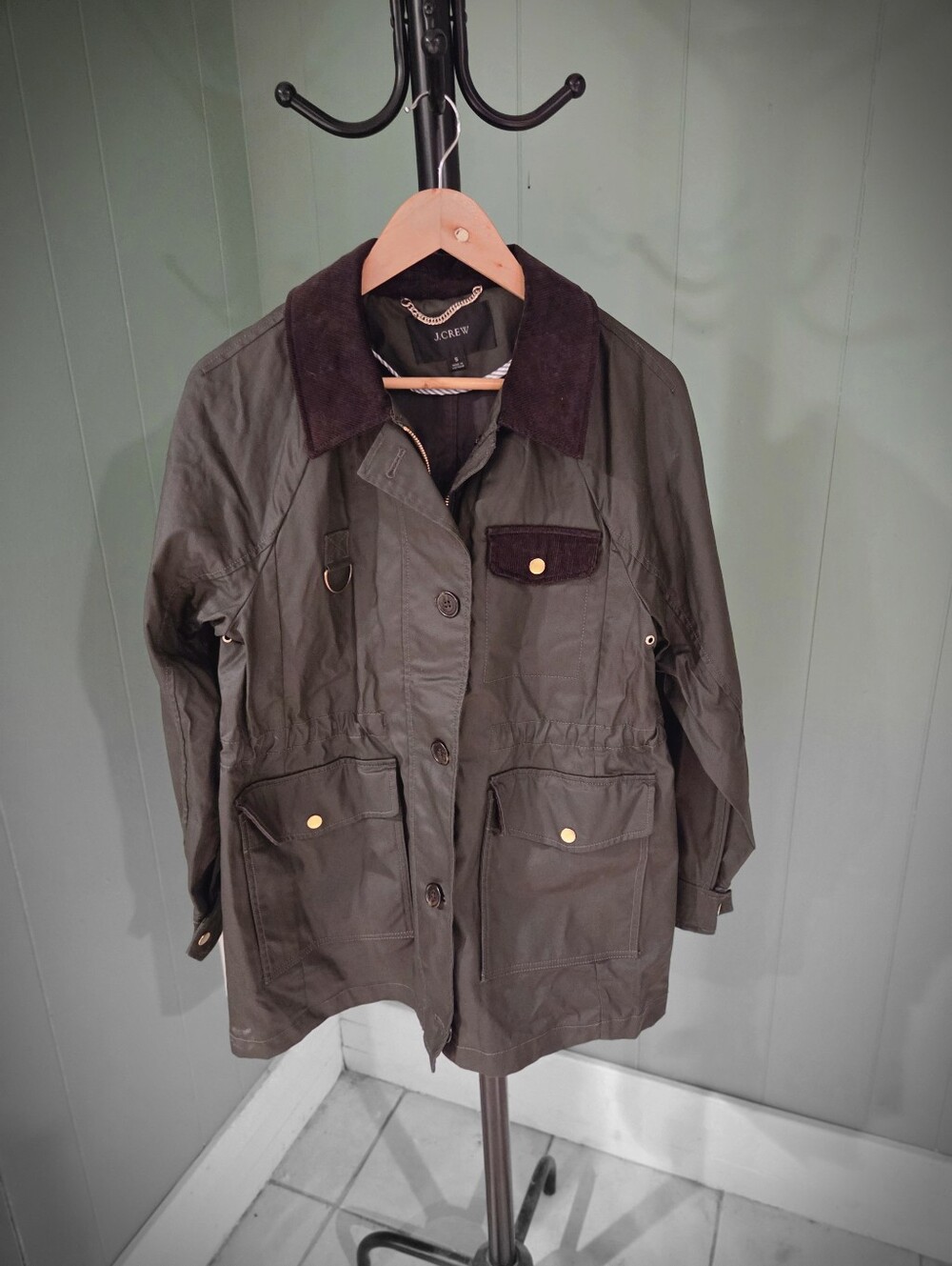 J. Crew Classic Utility Jacket - Olive Green, Dark Brown Corduroy Collar, Small